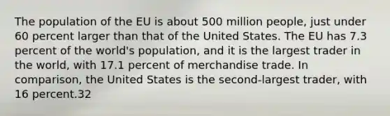 The population of the EU is about 500 million people, just under 60 percent larger than that of the United States. The EU has 7.3 percent of the world's population, and it is the largest trader in the world, with 17.1 percent of merchandise trade. In comparison, the United States is the second-largest trader, with 16 percent.32