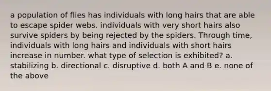 a population of flies has individuals with long hairs that are able to escape spider webs. individuals with very short hairs also survive spiders by being rejected by the spiders. Through time, individuals with long hairs and individuals with short hairs increase in number. what type of selection is exhibited? a. stabilizing b. directional c. disruptive d. both A and B e. none of the above