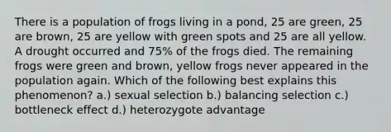 There is a population of frogs living in a pond, 25 are green, 25 are brown, 25 are yellow with green spots and 25 are all yellow. A drought occurred and 75% of the frogs died. The remaining frogs were green and brown, yellow frogs never appeared in the population again. Which of the following best explains this phenomenon? a.) sexual selection b.) balancing selection c.) bottleneck effect d.) heterozygote advantage