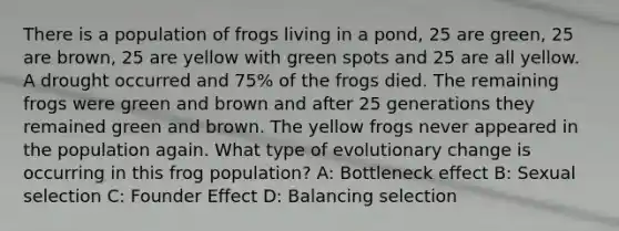 There is a population of frogs living in a pond, 25 are green, 25 are brown, 25 are yellow with green spots and 25 are all yellow. A drought occurred and 75% of the frogs died. The remaining frogs were green and brown and after 25 generations they remained green and brown. The yellow frogs never appeared in the population again. What type of evolutionary change is occurring in this frog population? A: Bottleneck effect B: Sexual selection C: Founder Effect D: Balancing selection