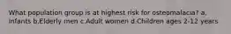 What population group is at highest risk for osteomalacia? ​a.​Infants ​b.​Elderly men ​c.​Adult women ​d.​Children ages 2-12 years