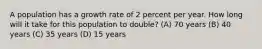 A population has a growth rate of 2 percent per year. How long will it take for this population to double? (A) 70 years (B) 40 years (C) 35 years (D) 15 years