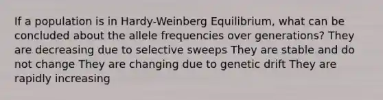 If a population is in Hardy-Weinberg Equilibrium, what can be concluded about the allele frequencies over generations? They are decreasing due to selective sweeps They are stable and do not change They are changing due to genetic drift They are rapidly increasing