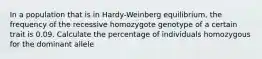 In a population that is in Hardy-Weinberg equilibrium, the frequency of the recessive homozygote genotype of a certain trait is 0.09. Calculate the percentage of individuals homozygous for the dominant allele