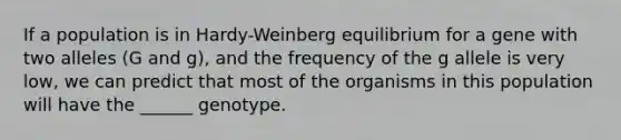 If a population is in Hardy-Weinberg equilibrium for a gene with two alleles (G and g), and the frequency of the g allele is very low, we can predict that most of the organisms in this population will have the ______ genotype.