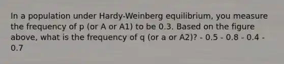 In a population under Hardy-Weinberg equilibrium, you measure the frequency of p (or A or A1) to be 0.3. Based on the figure above, what is the frequency of q (or a or A2)? - 0.5 - 0.8 - 0.4 - 0.7