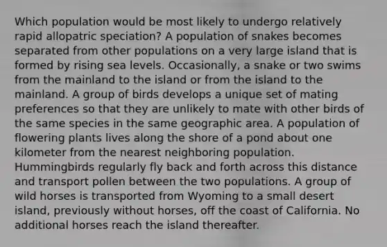 Which population would be most likely to undergo relatively rapid allopatric speciation? A population of snakes becomes separated from other populations on a very large island that is formed by rising sea levels. Occasionally, a snake or two swims from the mainland to the island or from the island to the mainland. A group of birds develops a unique set of mating preferences so that they are unlikely to mate with other birds of the same species in the same geographic area. A population of flowering plants lives along the shore of a pond about one kilometer from the nearest neighboring population. Hummingbirds regularly fly back and forth across this distance and transport pollen between the two populations. A group of wild horses is transported from Wyoming to a small desert island, previously without horses, off the coast of California. No additional horses reach the island thereafter.