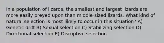 In a population of lizards, the smallest and largest lizards are more easily preyed upon than middle-sized lizards. What kind of natural selection is most likely to occur in this situation? A) Genetic drift B) Sexual selection C) Stabilizing selection D) Directional selection E) Disruptive selection