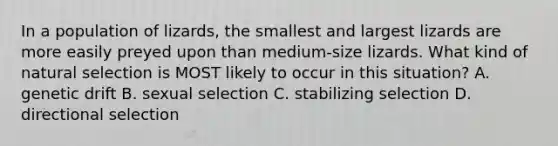 In a population of lizards, the smallest and largest lizards are more easily preyed upon than medium-size lizards. What kind of natural selection is MOST likely to occur in this situation? A. genetic drift B. sexual selection C. stabilizing selection D. directional selection