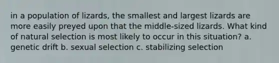 in a population of lizards, the smallest and largest lizards are more easily preyed upon that the middle-sized lizards. What kind of natural selection is most likely to occur in this situation? a. genetic drift b. sexual selection c. stabilizing selection