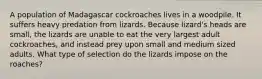 A population of Madagascar cockroaches lives in a woodpile. It suffers heavy predation from lizards. Because lizard's heads are small, the lizards are unable to eat the very largest adult cockroaches, and instead prey upon small and medium sized adults. What type of selection do the lizards impose on the roaches?