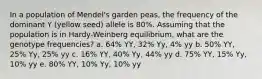 In a population of Mendel's garden peas, the frequency of the dominant Y (yellow seed) allele is 80%. Assuming that the population is in Hardy-Weinberg equilibrium, what are the genotype frequencies? a. 64% YY, 32% Yy, 4% yy b. 50% YY, 25% Yy, 25% yy c. 16% YY, 40% Yy, 44% yy d. 75% YY, 15% Yy, 10% yy e. 80% YY, 10% Yy, 10% yy