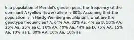 In a population of Mendel's garden peas, the frequency of the dominant A (yellow flower) allele is 80%. Assuming that the population is in Hardy-Weinberg equilibrium, what are the genotype frequencies? A. 64% AA, 32% Aa, 4% aa B. 50% AA, 25% Aa, 25% aa C. 16% AA, 40% Aa, 44% aa D. 75% AA, 15% Aa, 10% aa E. 80% AA, 10% Aa, 10% aa