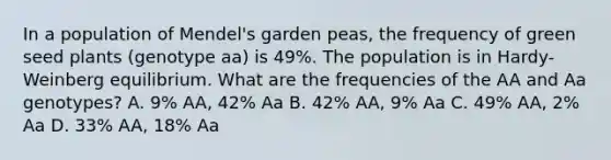 In a population of Mendel's garden peas, the frequency of green seed plants (genotype aa) is 49%. The population is in Hardy-Weinberg equilibrium. What are the frequencies of the AA and Aa genotypes? A. 9% AA, 42% Aa B. 42% AA, 9% Aa C. 49% AA, 2% Aa D. 33% AA, 18% Aa