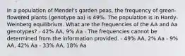 In a population of Mendel's garden peas, the frequency of green-flowered plants (genotype aa) is 49%. The population is in Hardy-Weinberg equilibrium. What are the frequencies of the AA and Aa genotypes? - 42% AA, 9% Aa - The frequencies cannot be determined from the information provided. - 49% AA, 2% Aa - 9% AA, 42% Aa - 33% AA, 18% Aa