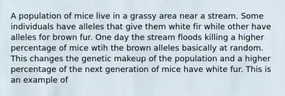 A population of mice live in a grassy area near a stream. Some individuals have alleles that give them white fir while other have alleles for brown fur. One day the stream floods killing a higher percentage of mice wtih the brown alleles basically at random. This changes the genetic makeup of the population and a higher percentage of the next generation of mice have white fur. This is an example of