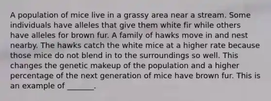 A population of mice live in a grassy area near a stream. Some individuals have alleles that give them white fir while others have alleles for brown fur. A family of hawks move in and nest nearby. The hawks catch the white mice at a higher rate because those mice do not blend in to the surroundings so well. This changes the genetic makeup of the population and a higher percentage of the next generation of mice have brown fur. This is an example of _______.