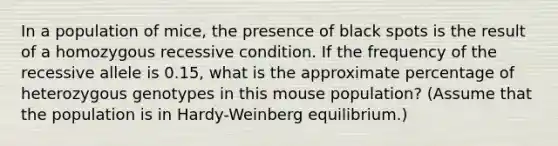 In a population of mice, the presence of black spots is the result of a homozygous recessive condition. If the frequency of the recessive allele is 0.15, what is the approximate percentage of heterozygous genotypes in this mouse population? (Assume that the population is in Hardy-Weinberg equilibrium.)