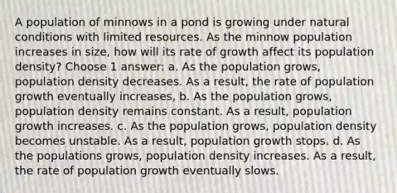 A population of minnows in a pond is growing under natural conditions with limited resources. As the minnow population increases in size, how will its rate of growth affect its population density? Choose 1 answer: a. As the population grows, population density decreases. As a result, the rate of population growth eventually increases, b. As the population grows, population density remains constant. As a result, population growth increases. c. As the population grows, population density becomes unstable. As a result, population growth stops. d. As the populations grows, population density increases. As a result, the rate of population growth eventually slows.