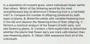 In a population of mustard grass, some individuals flower earlier than others. Which of the following would be the most straightforward way to determine if flowering time is a heritable trait? A: Compare the number of offspring produced by both types of plants. B: Breed the plants with variable flowering time in the lab and observe the flowering times of their offspring. C: Perform a chemical analysis of the flowers of both early- and late-flowering plants. D: Conduct a field experiment to determine whether the plants that flower early are more cold-tolerant than later-flowering plants. E: Obtain DNA sequences from all of the individuals.