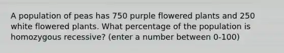 A population of peas has 750 purple flowered plants and 250 white flowered plants. What percentage of the population is homozygous recessive? (enter a number between 0-100)