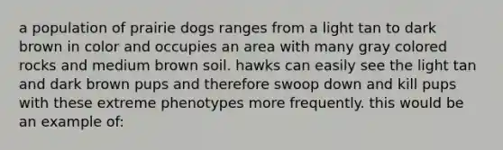 a population of prairie dogs ranges from a light tan to dark brown in color and occupies an area with many gray colored rocks and medium brown soil. hawks can easily see the light tan and dark brown pups and therefore swoop down and kill pups with these extreme phenotypes more frequently. this would be an example of: