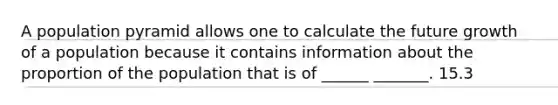 A population pyramid allows one to calculate the future growth of a population because it contains information about the proportion of the population that is of ______ _______. 15.3