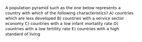 A population pyramid such as the one below represents a country with which of the following characteristics? A) countries which are less developed B) countries with a service sector economy C) countries with a low infant mortality rate D) countries with a low fertility rate E) countries with a high standard of living