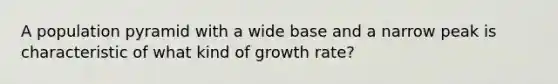 A population pyramid with a wide base and a narrow peak is characteristic of what kind of growth rate?