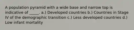 A population pyramid with a wide base and narrow top is indicative of _____. a.) Developed countries b.) Countries in Stage IV of the demographic transition c.) Less developed countries d.) Low infant mortality