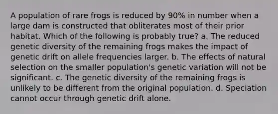 A population of rare frogs is reduced by 90% in number when a large dam is constructed that obliterates most of their prior habitat. Which of the following is probably true? a. The reduced genetic diversity of the remaining frogs makes the impact of genetic drift on allele frequencies larger. b. The effects of natural selection on the smaller population's genetic variation will not be significant. c. The genetic diversity of the remaining frogs is unlikely to be different from the original population. d. Speciation cannot occur through genetic drift alone.