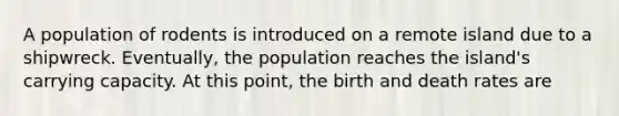 A population of rodents is introduced on a remote island due to a shipwreck. Eventually, the population reaches the island's carrying capacity. At this point, the birth and death rates are