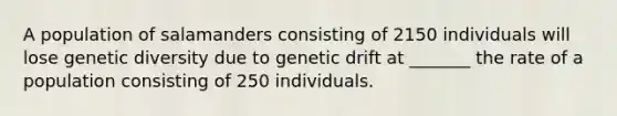 A population of salamanders consisting of 2150 individuals will lose genetic diversity due to genetic drift at _______ the rate of a population consisting of 250 individuals.