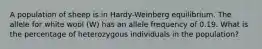 A population of sheep is in Hardy-Weinberg equilibrium. The allele for white wool (W) has an allele frequency of 0.19. What is the percentage of heterozygous individuals in the population?