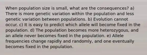 When population size is small, what are the consequences? a) There is more genetic variation within the population and less genetic variation between populations. b) Evolution cannot occur. c) It is easy to predict which allele will become fixed in the population. d) The population becomes more heterozygous, and an allele never becomes fixed in the population. e) Allele frequencies change rapidly and randomly, and one eventually becomes fixed in the population.