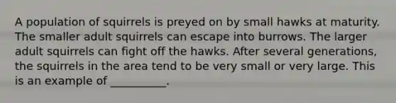 A population of squirrels is preyed on by small hawks at maturity. The smaller adult squirrels can escape into burrows. The larger adult squirrels can fight off the hawks. After several generations, the squirrels in the area tend to be very small or very large. This is an example of __________.