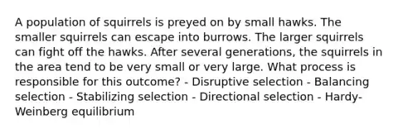 A population of squirrels is preyed on by small hawks. The smaller squirrels can escape into burrows. The larger squirrels can fight off the hawks. After several generations, the squirrels in the area tend to be very small or very large. What process is responsible for this outcome? - Disruptive selection - Balancing selection - Stabilizing selection - Directional selection - Hardy-Weinberg equilibrium