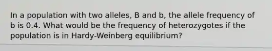 In a population with two alleles, B and b, the allele frequency of b is 0.4. What would be the frequency of heterozygotes if the population is in Hardy-Weinberg equilibrium?