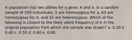 A population has two alleles for a gene: A and a. In a random sample of 100 individuals, 5 are homozygous for a, 63 are homozygous for A, and 32 are heterozygous. Which of the following is closest to the likely allele frequency of A in the original population from which the sample was drawn? a. 0.20 b. 0.40 c. 0.50 d. 0.60 e. 0.80