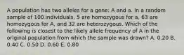 A population has two alleles for a gene: A and a. In a random sample of 100 individuals, 5 are homozygous for a, 63 are homozygous for A, and 32 are heterozygous. Which of the following is closest to the likely allele frequency of A in the original population from which the sample was drawn? A. 0.20 B. 0.40 C. 0.50 D. 0.60 E. 0.80