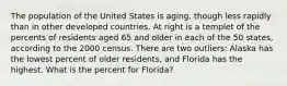 The population of the United States is aging, though less rapidly than in other developed countries. At right is a templet of the percents of residents aged 65 and older in each of the 50 states, according to the 2000 census. There are two outliers: Alaska has the lowest percent of older residents, and Florida has the highest. What is the percent for Florida?