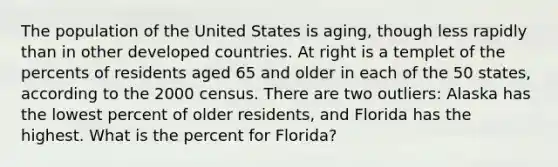 The population of the United States is aging, though less rapidly than in other developed countries. At right is a templet of the percents of residents aged 65 and older in each of the 50 states, according to the 2000 census. There are two outliers: Alaska has the lowest percent of older residents, and Florida has the highest. What is the percent for Florida?