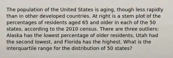 The population of the United States is aging, though less rapidly than in other developed countries. At right is a stem plot of the percentages of residents aged 65 and older in each of the 50 states, according to the 2010 census. There are three outliers: Alaska has the lowest percentage of older residents, Utah had the second lowest, and Florida has the highest. What is the interquartile range for the distribution of 50 states?