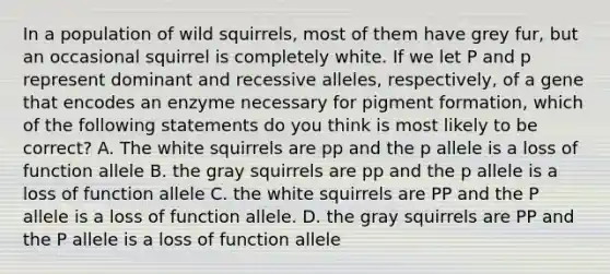 In a population of wild squirrels, most of them have grey fur, but an occasional squirrel is completely white. If we let P and p represent dominant and recessive alleles, respectively, of a gene that encodes an enzyme necessary for pigment formation, which of the following statements do you think is most likely to be correct? A. The white squirrels are pp and the p allele is a loss of function allele B. the gray squirrels are pp and the p allele is a loss of function allele C. the white squirrels are PP and the P allele is a loss of function allele. D. the gray squirrels are PP and the P allele is a loss of function allele