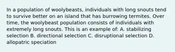 In a population of woolybeasts, individuals with long snouts tend to survive better on an island that has burrowing termites. Over time, the woolybeast population consists of individuals with extremely long snouts. This is an example of: A. stabilizing selection B. directional selection C. disruptional selection D. allopatric speciation