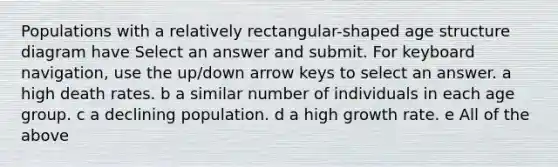 Populations with a relatively rectangular-shaped age structure diagram have Select an answer and submit. For keyboard navigation, use the up/down arrow keys to select an answer. a high death rates. b a similar number of individuals in each age group. c a declining population. d a high growth rate. e All of the above