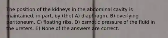 The position of the kidneys in the abdominal cavity is maintained, in part, by (the) A) diaphragm. B) overlying peritoneum. C) floating ribs. D) osmotic pressure of the fluid in the ureters. E) None of the answers are correct.