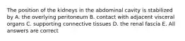 The position of the kidneys in the abdominal cavity is stabilized by A. the overlying peritoneum B. contact with adjacent visceral organs C. supporting connective tissues D. the renal fascia E. All answers are correct