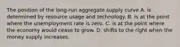 The position of the long-run aggregate supply curve A. is determined by resource usage and technology. B. is at the point where the unemployment rate is zero. C. is at the point where the economy would cease to grow. D. shifts to the right when the money supply increases.