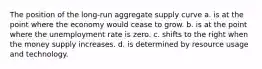 The position of the long-run aggregate supply curve a. is at the point where the economy would cease to grow. b. is at the point where the unemployment rate is zero. c. shifts to the right when the money supply increases. d. is determined by resource usage and technology.